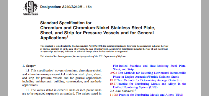 astm美標(biāo)標(biāo)準(zhǔn)A240/A240M-15a